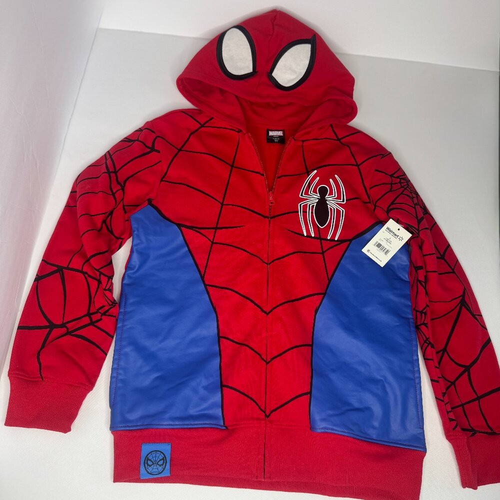 NWT Marvel Spider-Man Zip Up Hoodie Kids L (10/12) Red Blue Web Pattern
